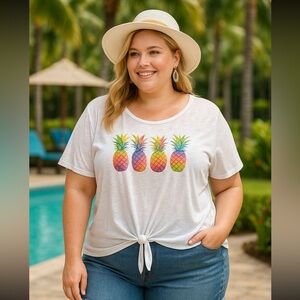 Cato Women’s 22/24W Pineapple Graphic Tie Front T Shirt Summer Casual Plus Top